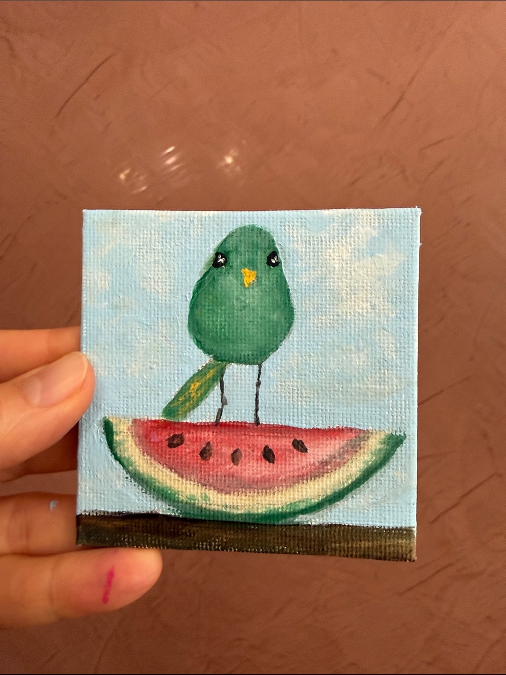 Green Bird on Watermelon Canvas Art - Pets Bird Fridge Magnet 3”x 3”